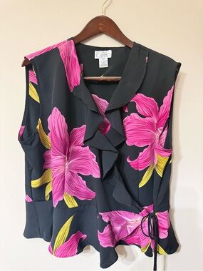 VTG 90s Caran Sleeveless Wrap Top Blouse Pink & Yellow Orchid V Neckline Ruffled
